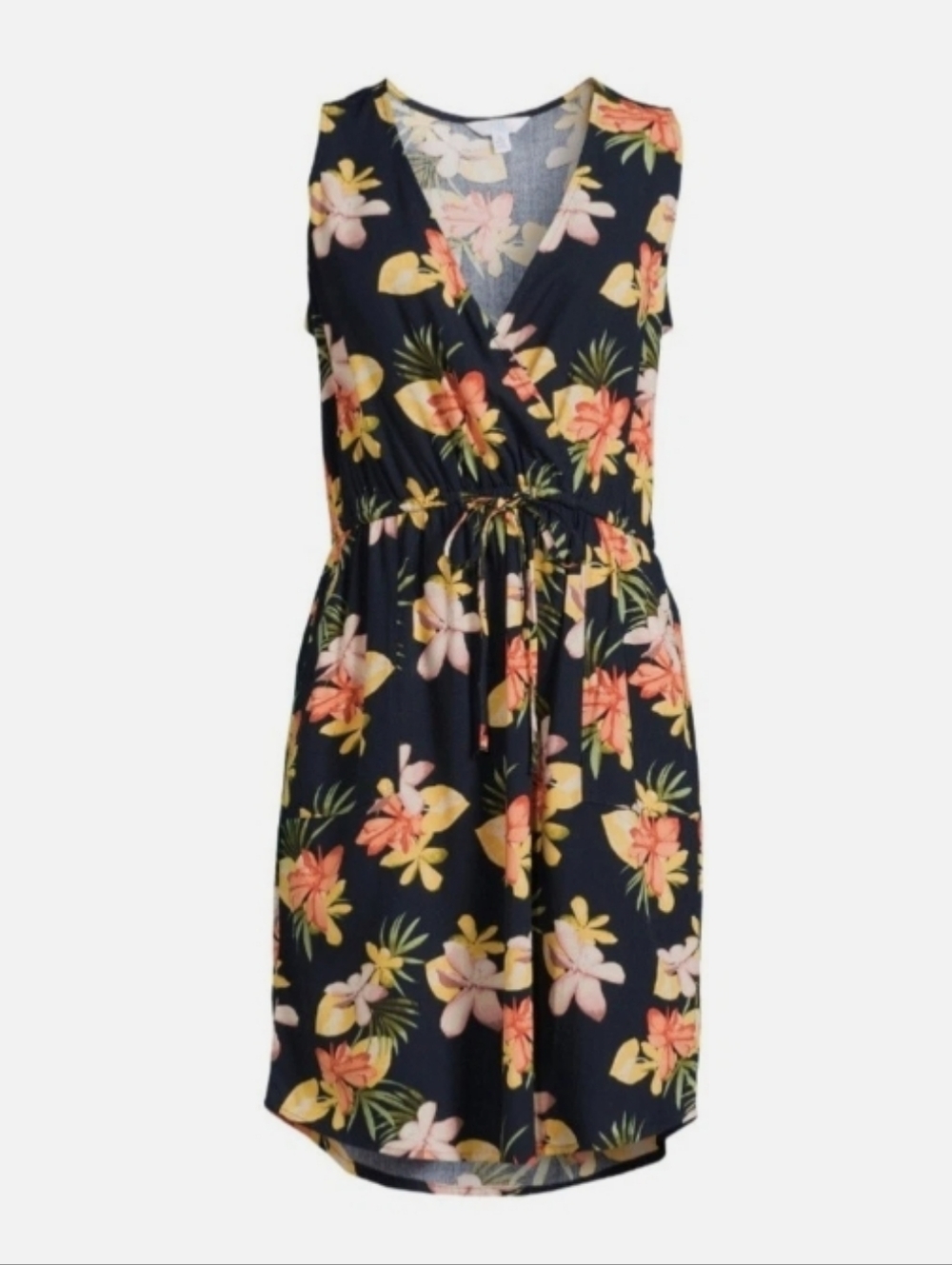 🤠🦄🌻Time and Tru Navy Floral Wrap Midi Dress with Drawstring Waist Size XL